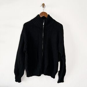 NEW White + Warren Black Chunky Knit Zip High Neck Cardigan Sweater
